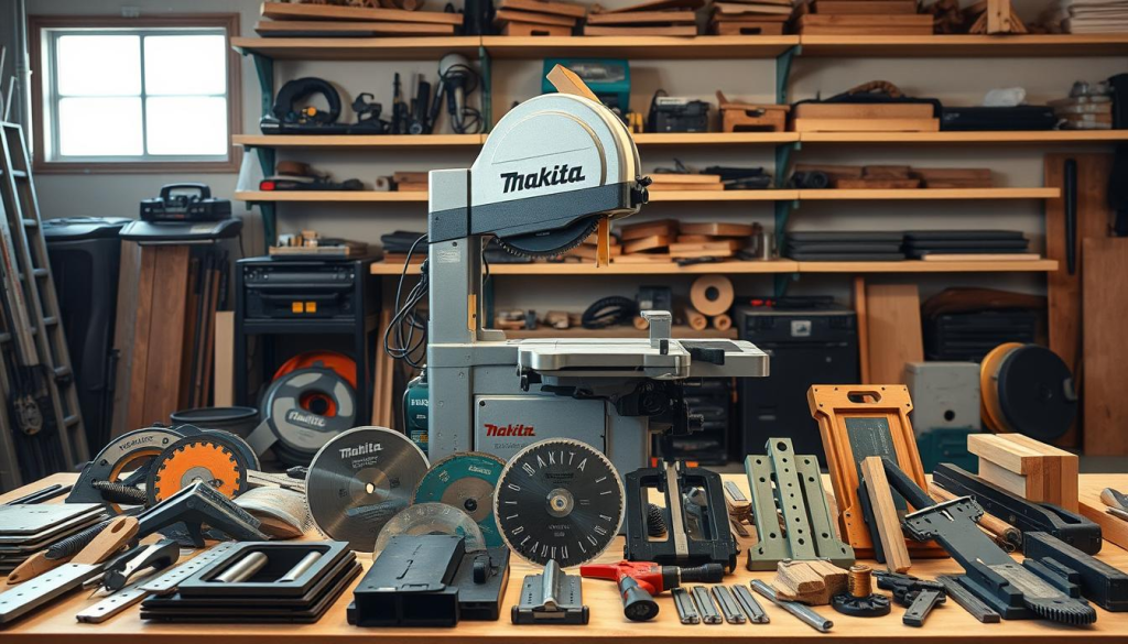 A workshop-ready scene with a Makita band saw surrounded by its essential accessories. In the foreground, an array of precision blades, guides, and miter jigs in a well-organized display. The middle ground showcases the band saw itself, its sturdy aluminum housing and brushless motor gleaming under warm studio lighting. In the background, shelves hold additional attachments like rip fences, dust collection ports, and mobile bases, creating a comprehensive workspace for woodworking tasks. The overall mood is one of professional-grade tools ready to tackle any project, with a clean, uncluttered aesthetic to match the capabilities of the Makita band saw.