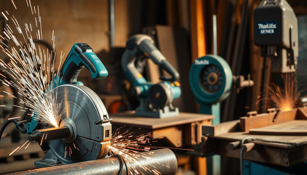 A workshop scene featuring various Makita metal cutting saws in action. In the foreground, a Makita miter saw precisely slicing through a metal pipe, sparks flying. In the middle ground, a Makita angle grinder smoothing the edge of a steel sheet. In the background, a Makita band saw effortlessly cutting through thick metal stock. Warm workshop lighting casts dramatic shadows, highlighting the power and precision of the Makita tools. The scene conveys the versatility and reliability of Makita metal cutting saws for a wide range of industrial and construction applications.