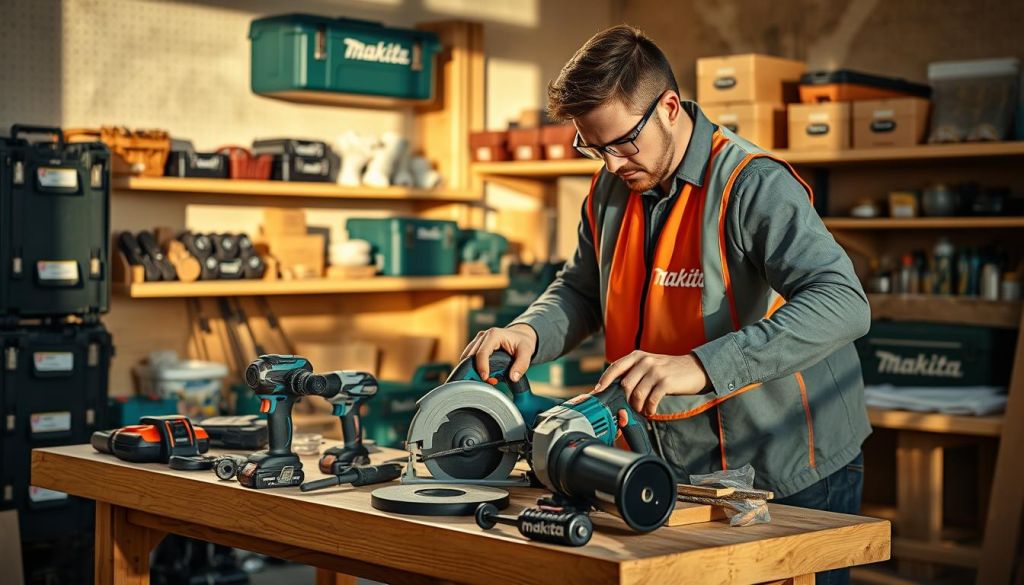 A workshop scene with a person using an array of Makita power tools, including a cordless drill, circular saw, and angle grinder, on a sturdy wooden workbench. The tools are neatly organized and the workshop is well-lit with a combination of natural and artificial lighting, casting long shadows that add depth and dimension. The person is wearing a Makita-branded safety vest and goggles, focusing intently on their task. The background features shelves stocked with Makita tool boxes, accessories, and spare parts, creating a sense of a professional, well-equipped workshop. The overall mood is one of productivity, precision, and attention to detail, reflecting the high-quality craftsmanship associated with Makita tools.