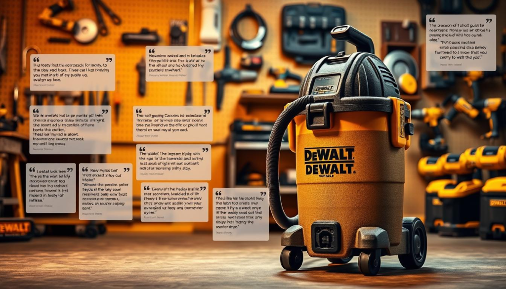 A workshop setting with a prominent DEWALT 5-gallon shop vac positioned in the foreground, showcasing its robust construction and rugged design. Warm, directional lighting illuminates the tool, casting subtle shadows that accentuate its textured surfaces and sturdy build. In the middle ground, an array of customer review cards and testimonials provide insights into the user experience, depicting satisfied homeowners and DIYers praising the vac's powerful suction, versatility, and reliable performance. The background features a neatly organized workshop, complete with pegboards, tool shelves, and other DEWALT power tools, creating a cohesive and professional atmosphere.