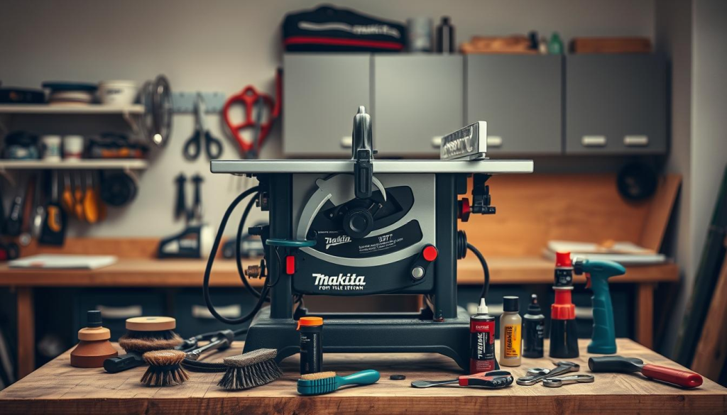 A workshop-style scene with a Makita portable table saw prominently displayed in the middle ground, its various components and mechanisms clearly visible. The saw is positioned on a sturdy workbench, surrounded by an assortment of maintenance tools such as brushes, lubricants, and wrenches. The lighting is warm and focused, casting subtle shadows that accentuate the saw's intricate design. The background is a clean, organized workspace with shelves and cabinets, conveying a sense of professionalism and attention to detail. The overall atmosphere is one of care, diligence, and a dedication to ensuring the longevity and reliable performance of the Makita 2708 table saw.