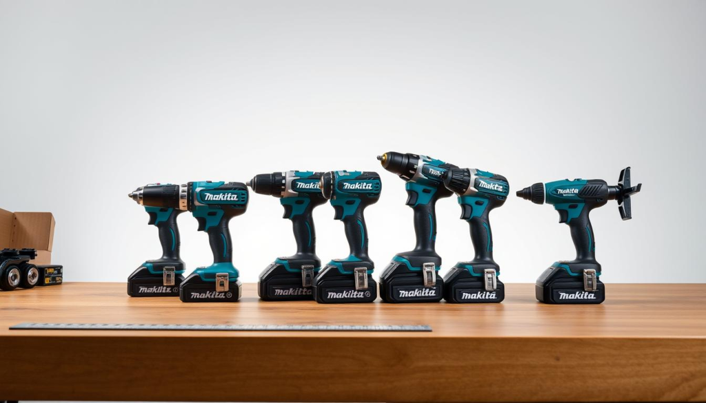 A workshop table showcasing a lineup of Makita 12V power tools, including a drill, impact driver, and oscillating multi-tool, meticulously arranged against a clean, minimalist background. The tools are backlit with soft, diffused lighting, highlighting their sleek, compact designs. In the foreground, a ruler or scale provides a visual reference for the compact size of the 12V line. The middle ground features the tools arranged in a dynamic, visually appealing composition, allowing for a side-by-side comparison. The background is a simple, neutral color that allows the tools to take center stage. The overall mood is one of precision, professionalism, and the power of compact, versatile cordless tools.