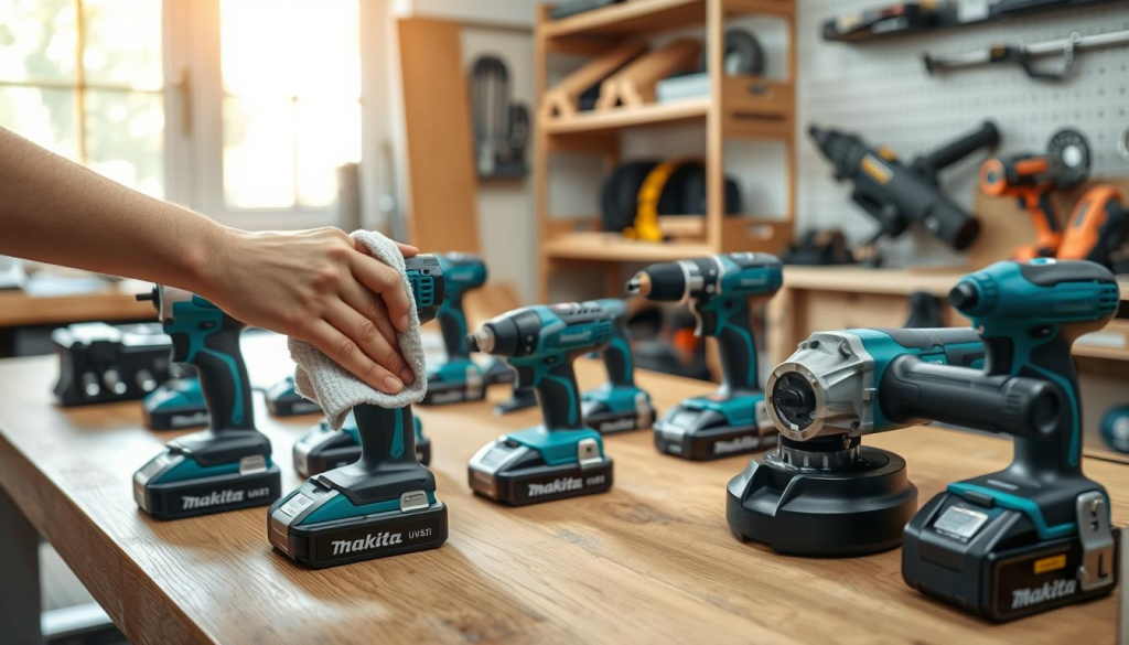 A workshop table with Makita cordless power tools neatly arranged, including a drill, impact driver, and grinder. In the foreground, a technician's hand is gently wiping down the tools with a clean microfiber cloth, showcasing the maintenance process. Soft, natural light filters in from a window, creating a warm, inviting atmosphere. The tools appear well-cared for, their sleek, teal-colored casings gleaming. In the background, shelves display a collection of Makita accessories, hinting at the comprehensive ecosystem of the brand. The overall scene conveys a sense of diligence, attention to detail, and a commitment to preserving the longevity of these high-performance cordless tools.
