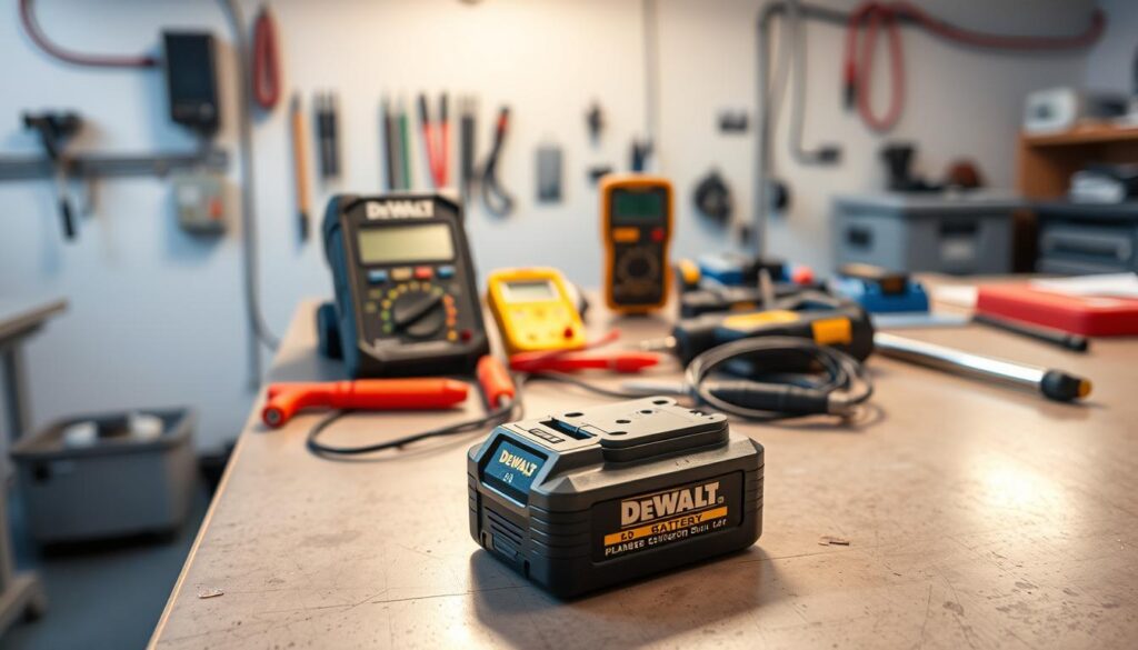 A workshop table with a DeWalt 5.0 battery in the foreground, illuminated by a warm, focused light. In the middle ground, a multimeter and various tools are arranged, suggesting an active troubleshooting session. The background features a clean, minimal workspace with subtle hints of machinery, conveying a professional, problem-solving atmosphere. The overall scene exudes a sense of methodical, technical investigation, ready to uncover and resolve any issues with the battery.
