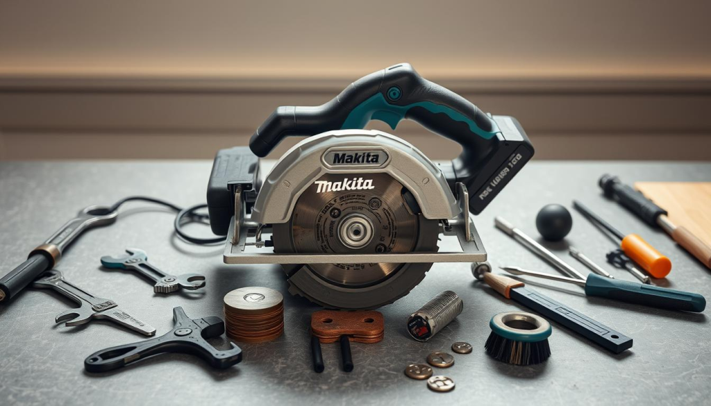 A workshop table with a Makita cordless circular saw placed prominently in the center, surrounded by various maintenance tools like a wrench, screwdriver, and brush. The saw is disassembled, revealing its inner components. Soft, directional lighting illuminates the scene, casting gentle shadows that accentuate the textures and details of the tools. The background is a clean, minimalist workspace, allowing the focus to remain on the saw and the maintenance process. The overall mood is one of precision, care, and attention to detail, reflecting the importance of proper maintenance for the longevity of this versatile power tool.
