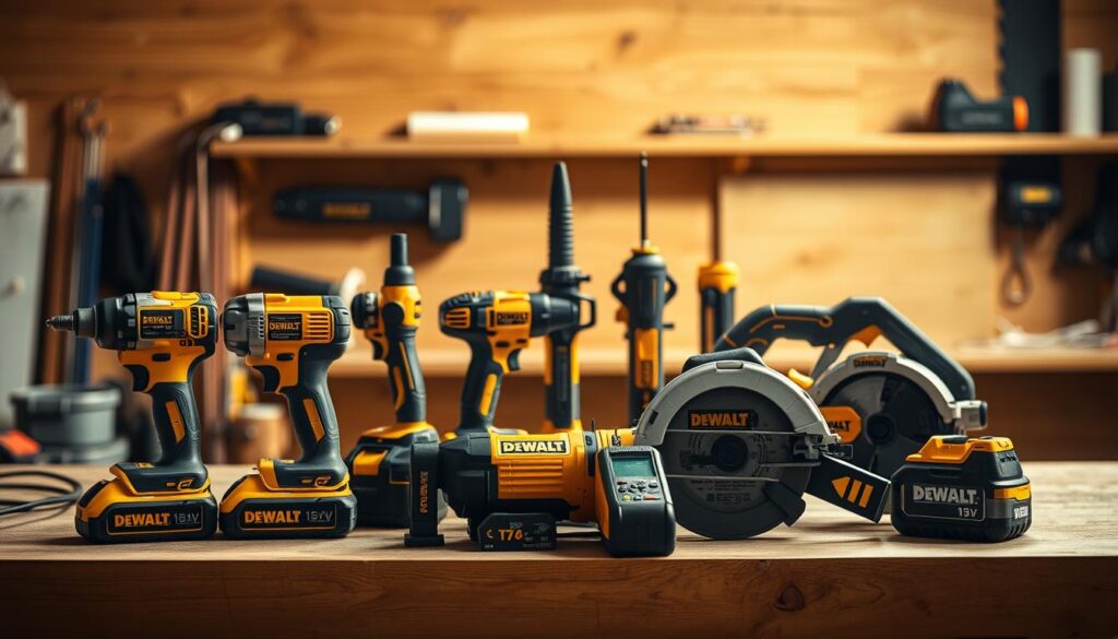 An assortment of DEWALT 18V power tools laid out on a wooden workbench in a well-lit workshop. The tools are depicted in sharp focus, showcasing their rugged design and high-quality construction. The foreground features a cordless drill, an impact driver, and a circular saw, all bearing the iconic DEWALT yellow and black color scheme. In the middle ground, a reciprocating saw and a multi-tool stand tall, while in the background, a flashlight and a battery charger complete the collection. The lighting is warm and natural, casting subtle shadows that accentuate the tools' textures and contours. The overall atmosphere conveys a sense of professional craftsmanship and the reliable performance that DEWALT has long been known for.