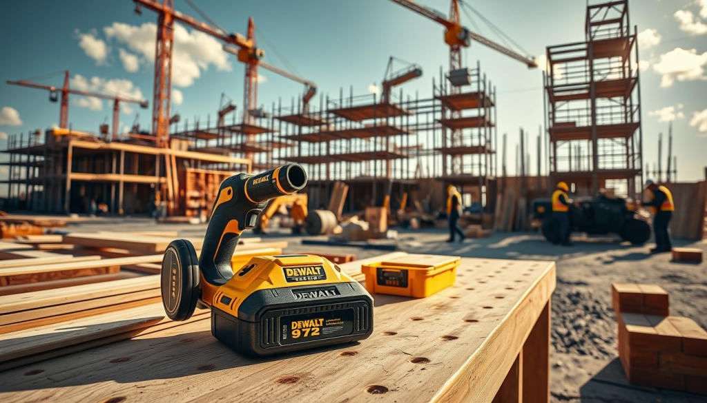 An expansive construction site on a sunny afternoon, with a sturdy DEWALT 972 cordless power tool as the central focus. The tool rests on a workbench, surrounded by various building materials - wood planks, bricks, and a toolbox. In the background, workers can be seen engaged in their tasks, while cranes and scaffolding loom overhead, casting dramatic shadows. The scene is captured with a wide-angle lens, emphasizing the scale and complexity of the worksite. The lighting is warm and natural, conveying a sense of productivity and hard work. The overall mood is one of efficiency, reliability, and the DEWALT 972's integral role in powering the construction project.