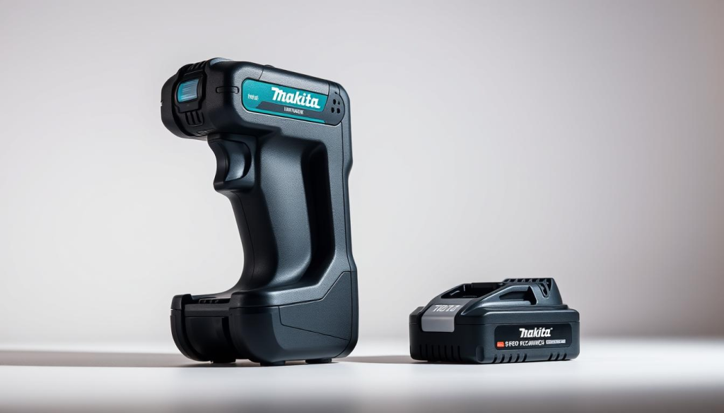 An expertly-lit product shot of a Makita charger set against a clean, minimalist background. The charger is displayed prominently, showcasing its sleek design and intuitive controls. Soft, directional lighting highlights the charger's textures and materials, conveying a sense of quality and reliability. The angle is slightly elevated, allowing the viewer to appreciate the charger's form and function. The composition is balanced and symmetrical, guiding the eye towards the key features of the device. An overall mood of professionalism and attention to detail, reflecting the high standards of the Makita brand.
