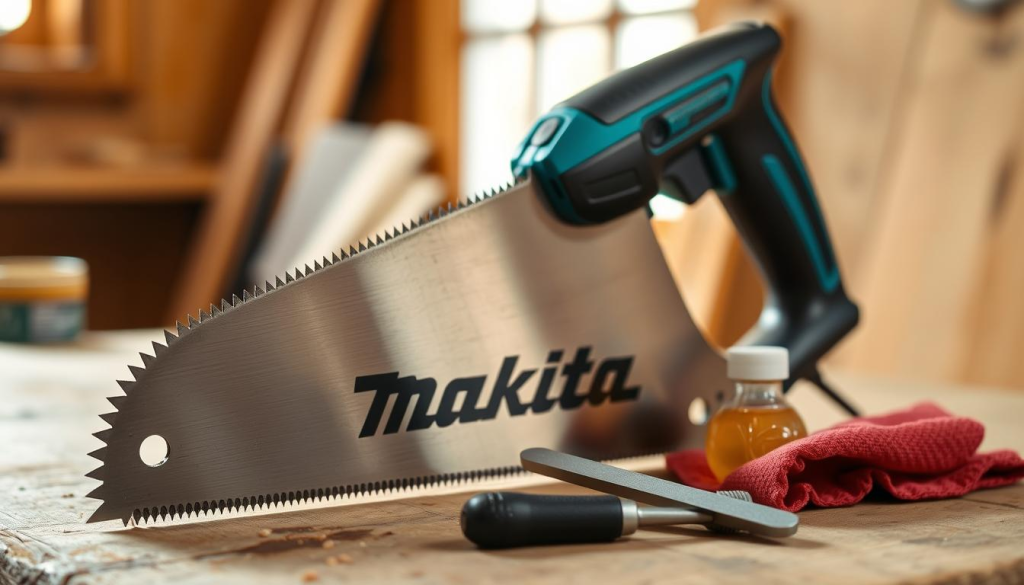 An expertly maintained Makita hand saw resting on a wooden workbench, backlit by a warm, diffused natural light filtering through a window. The saw's sharp, finely-toothed blade glistens, its teeth perfectly aligned. Nearby, a small collection of saw maintenance tools - a file, lubricating oil, and a cleaning cloth - are neatly arranged. The scene conveys a sense of careful, methodical upkeep, highlighting the importance of proper maintenance to ensure the saw's peak performance and longevity for DIY projects.
