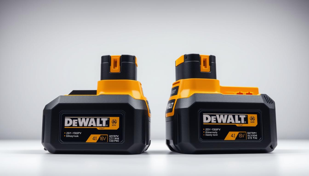 An image of two DeWalt 18V and 20V battery packs side by side, captured in a well-lit professional studio setting. The batteries are prominently displayed, with a clean, minimalist background that allows them to be the focal point. The image is taken from a slightly elevated angle, creating a sense of authority and expertise. The lighting is soft and diffused, highlighting the sleek design and branding of the batteries. The composition is balanced and symmetrical, emphasizing the visual comparison between the two models. The overall tone is one of technical precision and product expertise, reflecting the competitive landscape surrounding DeWalt's battery lineup.