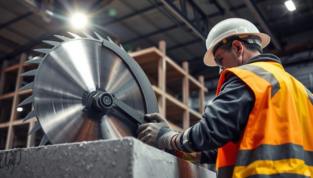 An industrial concrete saw, its metal blade gleaming under the bright overhead lights of a construction site. The operator, dressed in a high-visibility vest and hard hat, is using the saw with caution and precision, cutting through a sturdy concrete block. The scene is framed from a slightly elevated perspective, emphasizing the power and importance of safety protocols. In the background, a partially completed building structure serves as a reminder of the larger project at hand. The overall mood is one of focused professionalism, with a emphasis on the need for diligence and care when operating such powerful machinery.