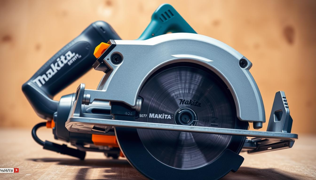 An industrial-grade Makita 5007F circular saw, meticulously detailed, resting on a workbench. The saw's sturdy aluminum guards and blade cover are prominently featured, showcasing the robust safety features designed to protect the user during precise woodworking operations. Soft, directional lighting highlights the saw's sleek, gray-and-orange color scheme, casting subtle shadows that emphasize the tool's ergonomic shape and weight-balanced construction. The background is a warm, neutral tone, allowing the saw's technical elements to take center stage and convey a sense of professional-grade power and reliability.
