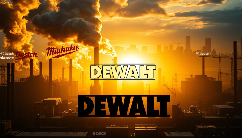 An industrial landscape showcasing the competitive landscape of power tool brands. In the foreground, the DEWALT logo stands prominently, surrounded by the silhouettes of rival brands like Bosch, Makita, and Milwaukee. The middle ground features a factory setting with smokestacks and machinery, bathed in a warm, golden light that casts dramatic shadows. In the background, a cityscape of skyscrapers and infrastructure symbolizes the larger commercial environment. The overall composition conveys a sense of DEWALT's industrial strength and market position relative to its industry peers. Shot with a wide-angle lens to capture the expansive scene, with a cinematic depth of field and moody, high-contrast lighting.