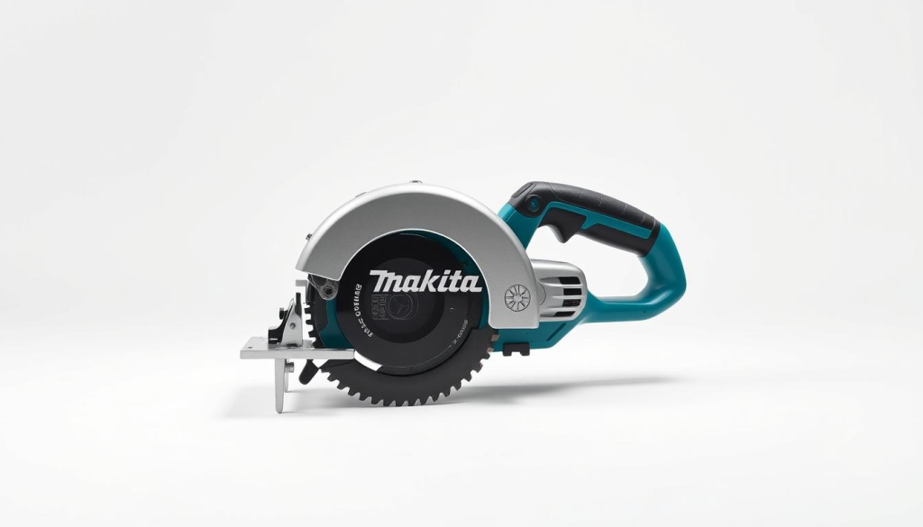 An online store layout with a centrally positioned Makita Flip Saw, captured in a clean, well-lit studio setting. The saw is showcased against a plain white background, allowing it to take the spotlight. The image has a crisp, professional feel, with soft shadows and gentle highlights that accentuate the tool's sleek design and high-quality construction. The camera angle is slightly elevated, providing a clear, unobstructed view of the saw's key features. The overall composition is balanced and visually appealing, drawing the viewer's attention to the product and its online purchasing options.