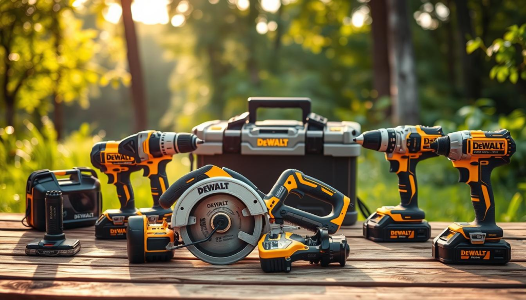An outdoor scene with a variety of DEWALT power tools laid out on a wooden surface, illuminated by warm natural lighting and surrounded by lush greenery. In the foreground, a DEWALT cordless drill, circular saw, and impact driver are arranged neatly, showcasing their sturdy construction and weather-resistant casings. In the middle ground, a DEWALT jobsite radio and a toolbox stand, hinting at the versatility of these tools for outdoor work. The background features a blurred landscape of trees and foliage, creating a sense of tranquility and emphasizing the tools' suitability for use in natural environments. The overall composition and lighting convey a sense of durability, practicality, and the safe, reliable performance of DEWALT tools in outdoor conditions.