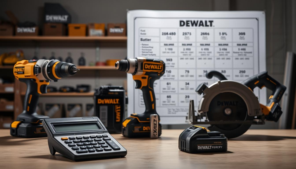Calculating required DEWALT batteries: a detailed schematic. In the foreground, a table calculator and a set of DEWALT power tools including a drill, impact wrench, and circular saw, all casting strong shadows. In the middle ground, a blueprint-style diagram with technical specifications and power consumption data for each tool. The background features a neutral-toned industrial workshop setting, with shelves of additional DEWALT accessories. The lighting is sharp and directional, creating a sense of precision and technical focus. The overall atmosphere conveys the benefits of having a well-planned battery setup to power a range of DEWALT tools for maximum productivity.