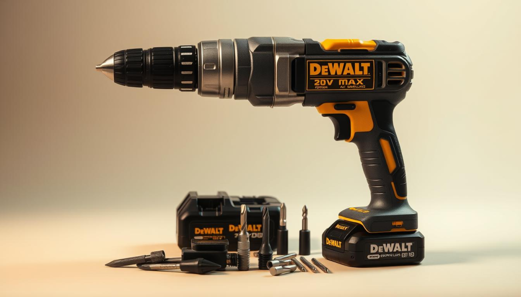 Centered on a sleek, metallic DeWalt 20V MAX cordless drill driver, illuminated by a warm, directional light source. The drill's brushless motor and adjustable torque settings are prominently featured, conveying its power and precision. In the middle ground, an assortment of DeWalt accessories, including drill bits, screwdriver tips, and a battery pack, are neatly arranged, showcasing the drill's versatility. The background is a clean, minimalist studio setting, with neutral tones that allow the drill and its components to be the focal point. The overall mood is one of professional-grade quality, reliability, and utility, reflecting the reputation of the DeWalt brand.