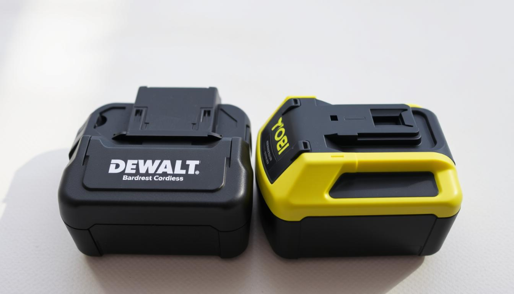 Close-up view of two interchangeable Dewalt and Ryobi cordless power tool batteries side by side, resting on a clean, lightly textured surface. The batteries are shown in detail, highlighting their similar size, shape, and connectors, suggesting their potential compatibility. The lighting is natural and diffused, creating subtle shadows that accentuate the batteries' forms. The image has a neutral, informative tone, conveying the technical aspects of the batteries' interchangeability without any distracting elements.