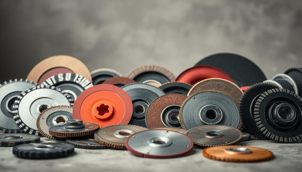 Cordless angle grinder accessories - a collection of precision power tools, neatly arranged against a clean, industrial background. In the foreground, a range of cutting, grinding, and polishing discs in various sizes and materials, their serrated edges gleaming under soft, directional lighting. In the middle ground, specialty accessories like flap discs, wire wheels, and sanding pads, each designed to tackle a specific task with efficiency and control. The background subtly evokes a workshop setting, with muted tones and subtle textures that complement the utilitarian nature of the tools. The overall composition conveys a sense of professional-grade capabilities, ready to be harnessed for intricate metalworking, construction, or renovation projects.