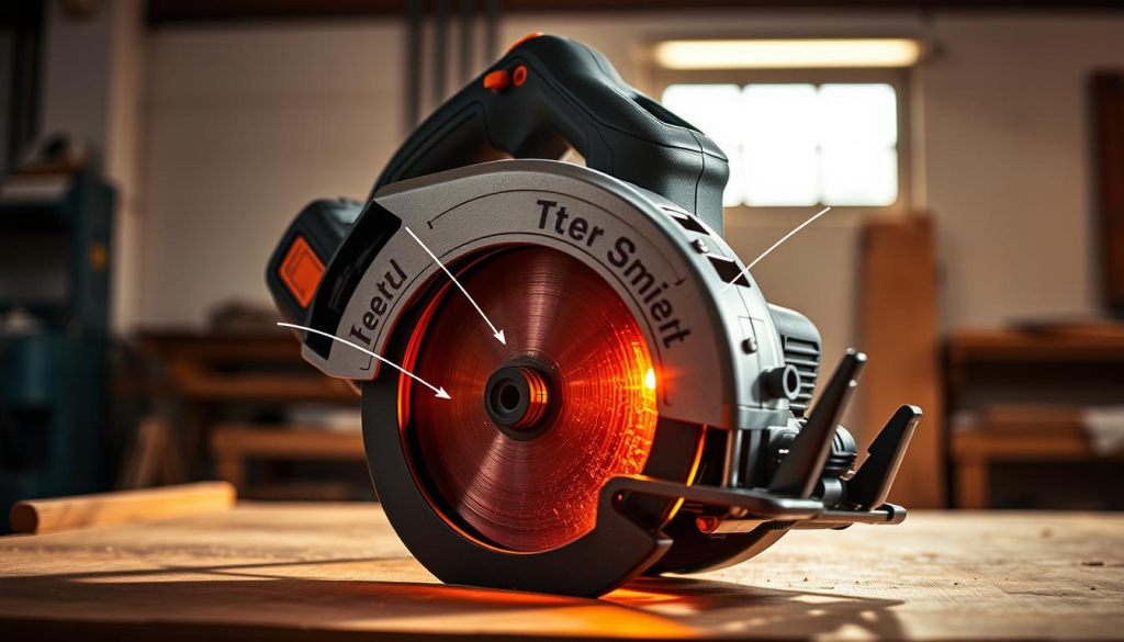 Cordless circular saw with prominent safety features, illuminated against a clean, well-lit workshop backdrop. Detailed view of the blade guard, trigger switch, and ergonomic handle design, showcasing the advanced safety mechanisms. Soft shadows and warm directional lighting create a sense of depth and emphasize the saw's robust construction. The scene conveys a professional, industrial atmosphere suitable for an informative product feature.