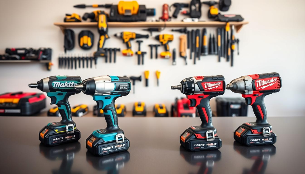 Cordless impact wrench comparison, displayed on a sleek, modern workbench. In the foreground, three impact wrenches from different brands - Makita, DeWalt, and Milwaukee - lie side by side, their sleek bodies and vibrant colors catching the light. The middle ground features a variety of power tools, neatly organized, creating a sense of professional workshop. In the background, a clean, minimalist wall provides a neutral backdrop, allowing the tools to be the focal point. The lighting is soft and diffused, creating a balanced, high-quality image that showcases the power and versatility of these cordless impact wrenches.