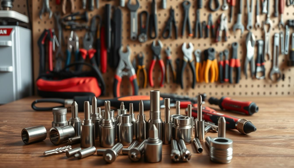 Craftsman power tool accessories, neatly arranged on a wooden workbench. In the foreground, various attachments and bits gleam under the soft, natural lighting. The middle ground features a collection of Craftsman-branded hand tools, including pliers, wrenches, and a screwdriver set. In the background, a pegboard displays an array of power tool accessories, their shapes and colors creating a visually interesting composition. The overall scene conveys a sense of organized efficiency, reflecting the sturdy, reliable nature of Craftsman tools.