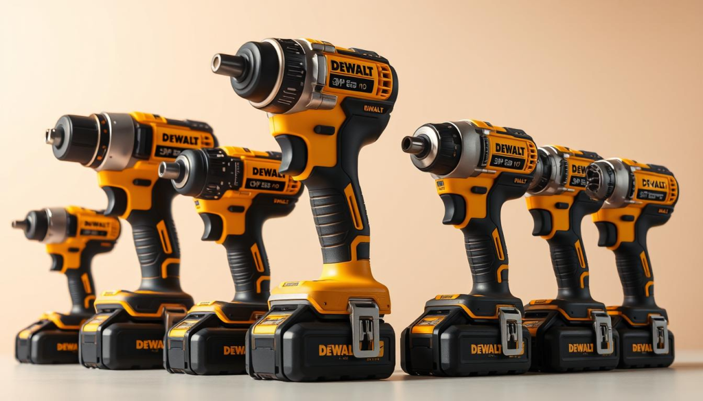 Crisp, high-resolution image of a lineup of DEWALT impact drivers in various sizes and models, displayed against a clean, neutral background. The drivers are arranged in a row, allowing for a direct side-by-side comparison. Showcase the distinct features and design elements of each model, such as their size, weight, battery type, and any unique capabilities. Utilize warm, natural lighting that enhances the metallic and textured finishes of the tools. Capture the drivers from a slightly elevated angle, creating a sense of depth and emphasizing their compact, ergonomic profiles. The overall mood should convey a sense of professional, technical precision, highlighting the versatility and quality of the DEWALT impact driver lineup.