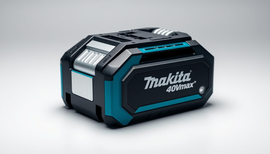 Detailed 40Vmax XGT battery system with sleek, modern design. Centered in the frame, the high-capacity lithium-ion battery pack features Makita's signature blue and black color scheme, accented by brushed metal trim. Crisp shadows and highlights create depth, showcasing the robust construction and intricate components. Soft, even lighting illuminates the battery's angular, geometric form, conveying a sense of power and precision. Uncluttered background allows the battery to take visual prominence, emphasizing its role as the heart of Makita's cordless power tool ecosystem.
