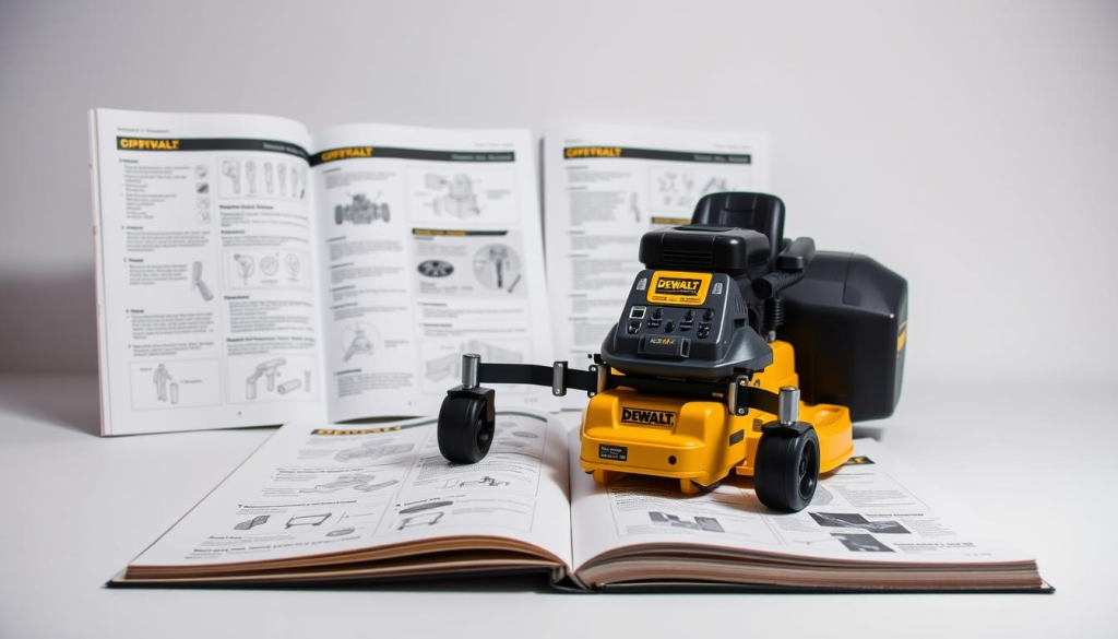Detailed DEWALT Z160 power tool operation guide, displayed on an opened manual or instruction booklet. Foreground shows the tool itself, positioned prominently in the center, with various control buttons, switches, and features clearly visible. Middle ground depicts page spreads with step-by-step instructions, diagrams, and technical specifications. Background has a clean, neutral studio lighting setup, with soft shadows and a white or light gray backdrop to keep the focus on the subject matter. The overall tone is informative, technical, and designed to educate the viewer on the proper and safe use of the DEWALT Z160 power tool.