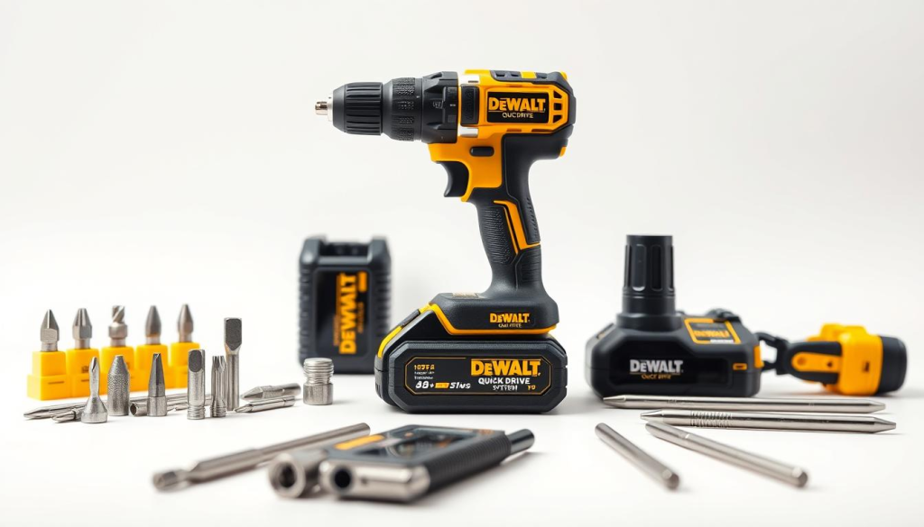 Detailed Dewalt Quick Drive buying guide: A photorealistic image showcasing the Dewalt Quick Drive cordless screwdriver set against a crisp white background. The device is centered in the frame, highlighting its ergonomic design and sleek black and yellow color scheme. Soft, natural lighting illuminates the tool, emphasizing its robust construction and high-quality finish. In the foreground, various Dewalt Quick Drive accessories, such as magnetic bits and extension rods, are neatly arranged, providing a visual guide for potential buyers. The mid-ground features a clean, minimalist backdrop, allowing the product to take center stage. The overall composition conveys a sense of professionalism and attention to detail, inviting the viewer to explore the features and capabilities of the Dewalt Quick Drive system.