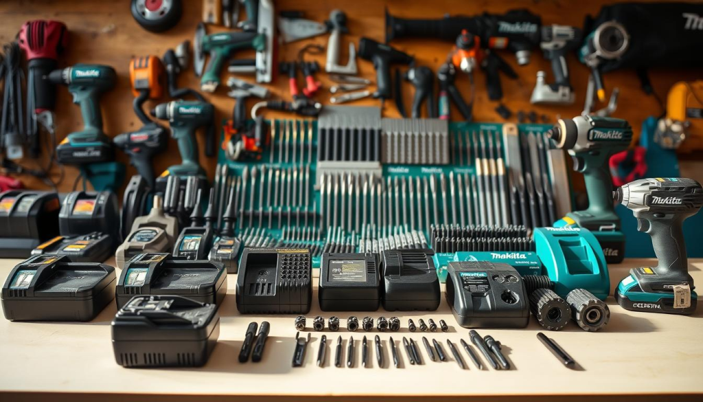 Detailed arrangement of authentic Makita power tool parts displayed on a clean, well-lit workbench. Prominent in the foreground, an assortment of Makita batteries, chargers, and accessories neatly organized. In the middle ground, various Makita drill bits, driver bits, and saw blades arranged in a visually appealing manner. In the background, a subtle outline of Makita power tools, such as cordless drills and angle grinders, creating a sense of the brand's comprehensive product range. Warm, natural lighting casts subtle shadows, emphasizing the high-quality construction and precision engineering of the Makita components. The overall scene conveys a professional, well-stocked workshop atmosphere suitable for showcasing popular Makita part categories.