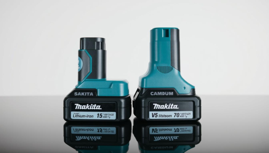 Detailed close-up comparison of two Makita power tool batteries, one lithium-ion and one nickel-cadmium, placed side-by-side on a clean, reflective table surface. Bright, even studio lighting illuminates the batteries from multiple angles, highlighting their distinctive designs, sizes, and color schemes. The background is plain and uncluttered, allowing the batteries to be the sole focus. The image conveys a sense of technical precision and product differentiation, suitable for illustrating a comparative analysis of battery technologies.