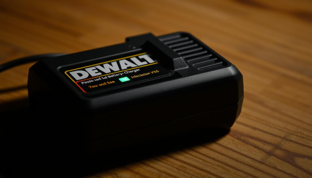 Detailed close-up of a DEWALT power tool battery charger lying on a wooden surface, not illuminated and not showing any indicator lights or activity. The charger is partially obscured by a dark shadow, creating a somber, non-functioning atmosphere. The background is slightly blurred, focusing attention on the unresponsive charger. Capture the frustration and uncertainty of a user trying to charge their power tool, emphasizing the need to potentially replace a malfunctioning charger.