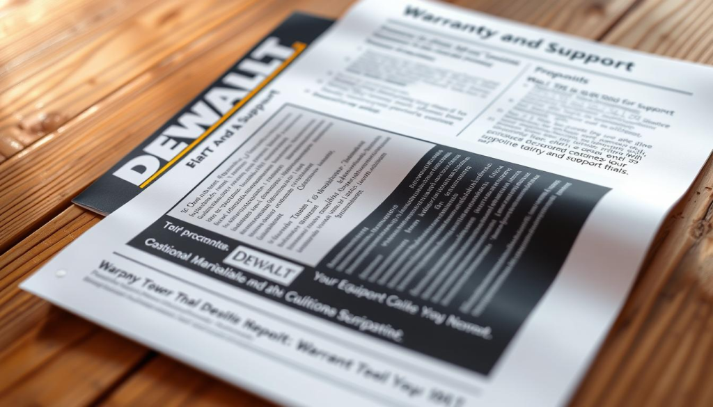 Detailed close-up of a DEWALT power tool warranty and support document, lying on a wooden surface. The document is open, showcasing the terms and conditions in a clean, organized layout. Warm, natural lighting casts a soft glow, highlighting the high-quality materials and professional design. The background is slightly blurred, placing the focus on the warranty information. The overall mood is one of reliability, transparency, and attention to customer service, reflecting DEWALT's commitment to their yard equipment products.