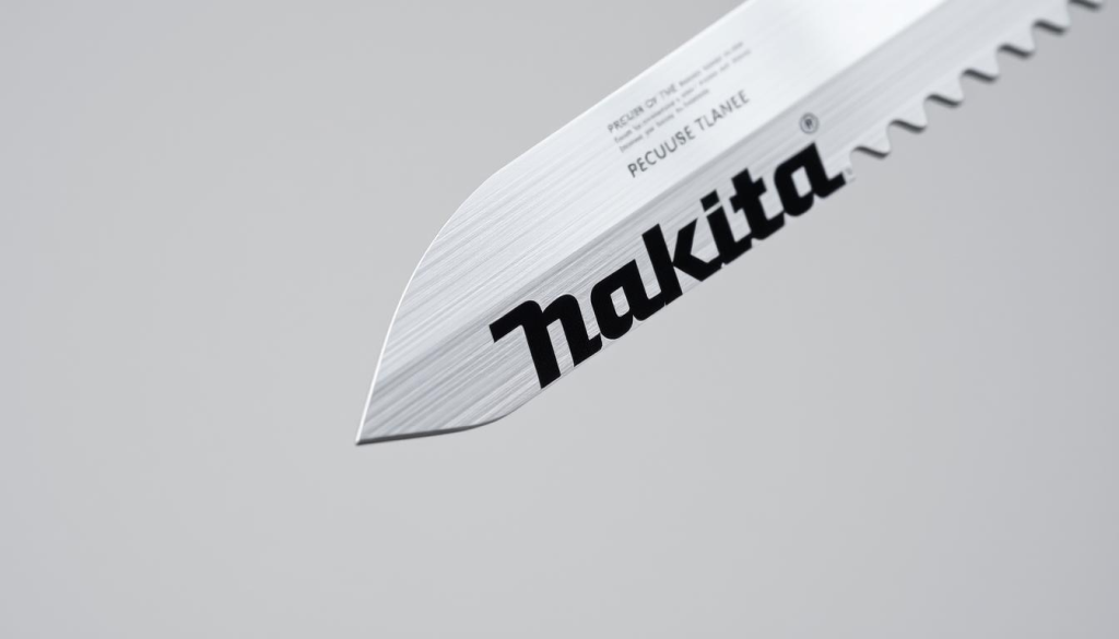 Detailed close-up of a Makita hedge trimmer blade against a neutral background. The blade is made of stainless steel, with sharp serrated edges and a sleek, modern design. Soft, even lighting illuminates the blade's surface, highlighting its precision engineering and premium construction. The blade is positioned at a slight angle, creating depth and emphasizing its sharp, functional form. The background is simple and uncluttered, allowing the blade to be the central focus. An overall sense of quality, power, and performance is conveyed through the composition and lighting.