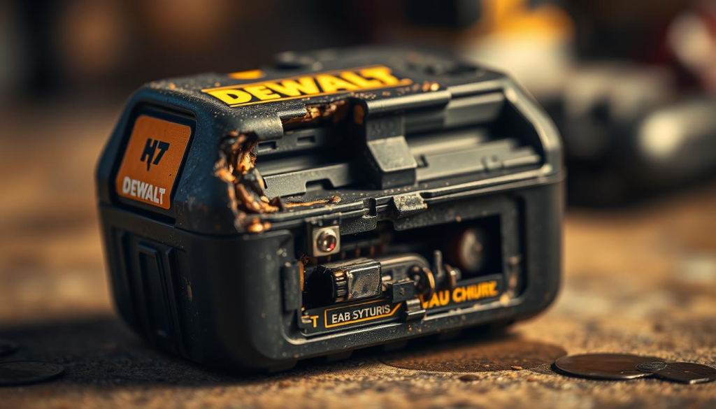 Detailed close-up of a deconstructed Dewalt power tool battery, with visible liquid damage and corrosion. The battery casing is cracked and the internal components are exposed, showcasing the impact of moisture intrusion. Warm, muted lighting illuminates the scene, creating a somber, cautionary tone. The image is captured from a slightly angled perspective, emphasizing the severity of the damage. The background is blurred, keeping the focus on the damaged battery and its compromised state.