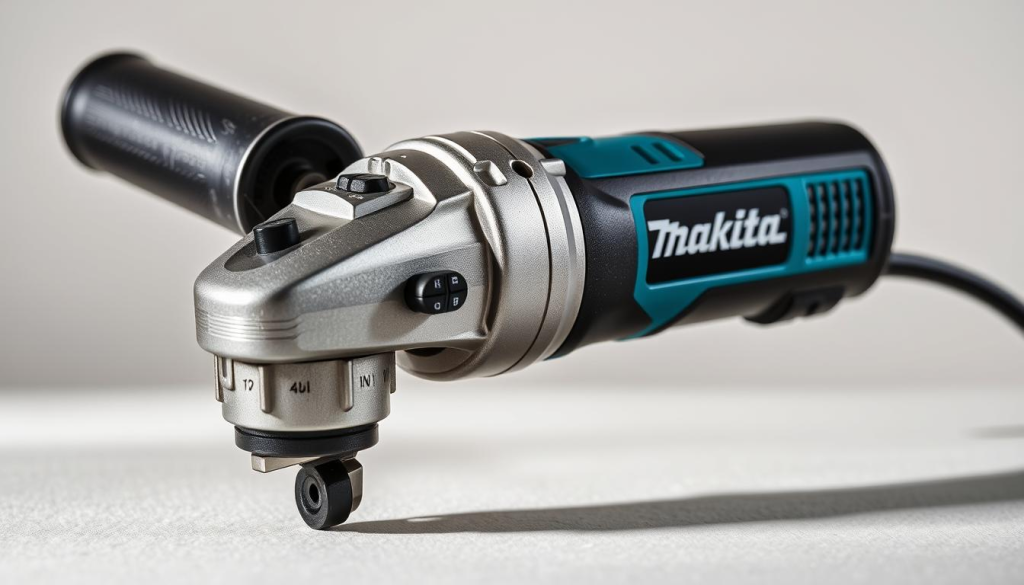 Detailed close-up of a high-quality Makita die grinder with a powerful brushless motor, sleek metallic body, and ergonomic grip. The tool is set against a clean, neutral background, illuminated by soft, diffused lighting to highlight its premium craftsmanship and precision engineering. The scene conveys a sense of professionalism and reliability, reflecting the tool's ability to deliver smooth, controlled grinding performance for a variety of materials. Emphasis is placed on the die grinder's key features, such as the variable speed dial, safety switch, and sturdy spindle, to help the viewer understand the tool's versatility and suitability for precision work.