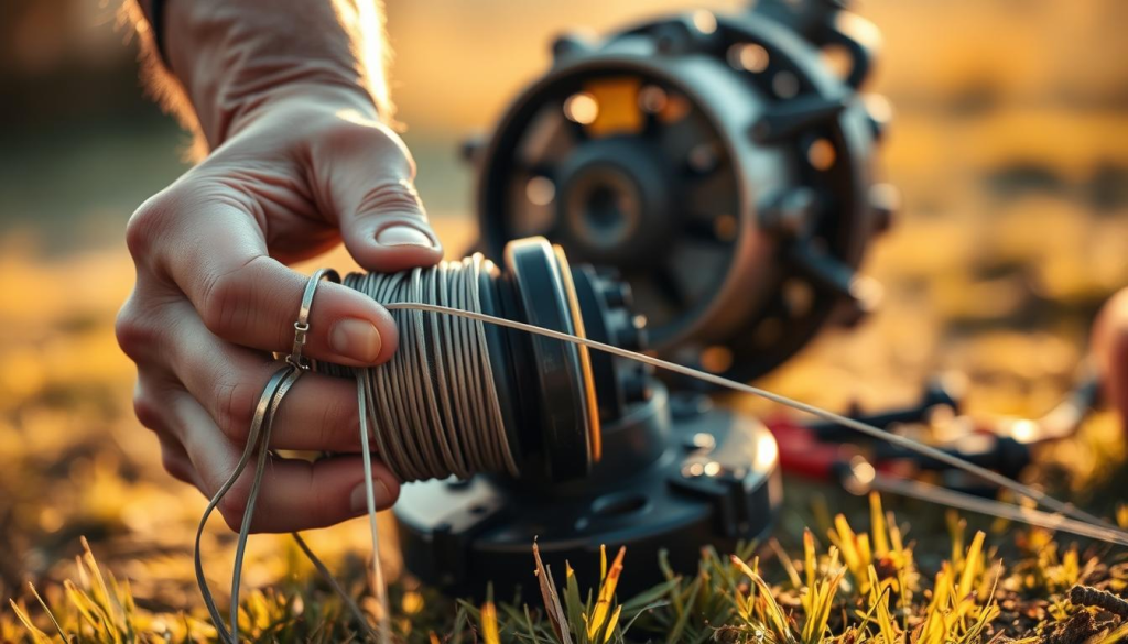 Detailed close-up of a person's hands carefully maintaining a trimmer line. The foreground shows strong, experienced hands gently unwinding the line from a spool, examining it for wear and tear. The middle ground depicts the trimmer head, its components disassembled and laid out neatly. The background is softly blurred, emphasizing the focus on the intricate maintenance process. Warm, natural lighting casts a gentle glow, conveying a sense of care and diligence. The overall mood is one of technical proficiency and dedication to maintaining a well-functioning trimmer.