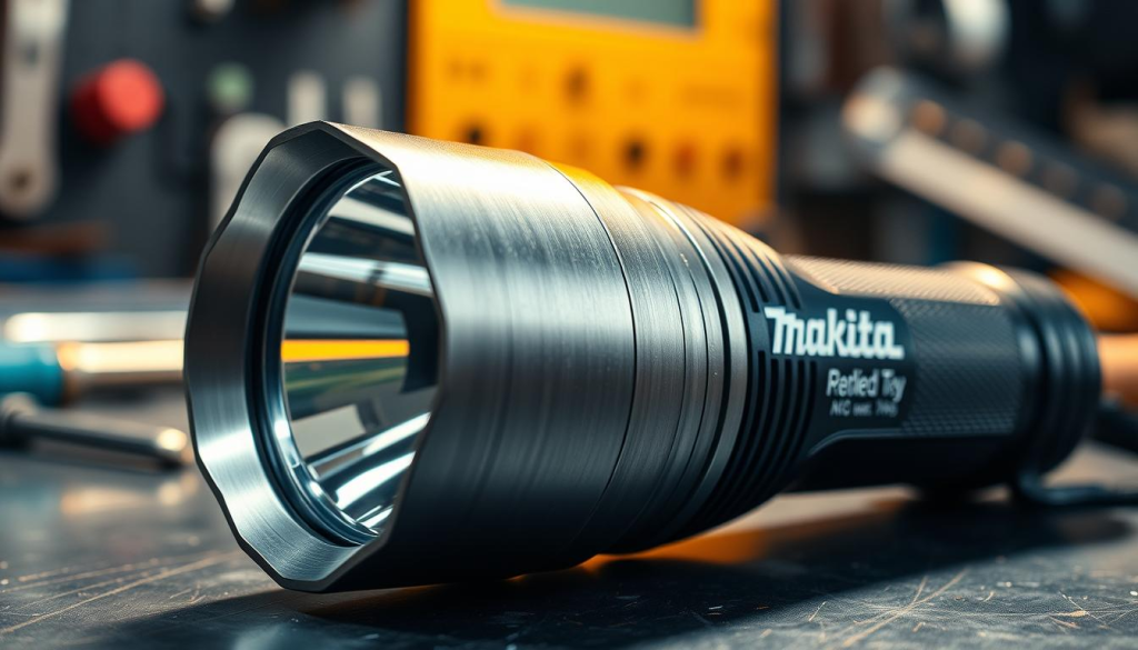 Detailed close-up of a well-maintained Makita flashlight, resting on a clean, well-lit workbench. The flashlight's body is pristine, with a brushed metal finish that gleams under the warm, directional lighting. The lens is clear and scratch-free, and the flashlight's controls are arranged neatly, hinting at a recent inspection and servicing. The background is slightly blurred, emphasizing the flashlight as the focal point, while still providing context with subtle hints of tools and workshop elements. The overall mood is one of professionalism, care, and attention to detail - a reflection of the importance of proper maintenance for this reliable, high-performance tool.