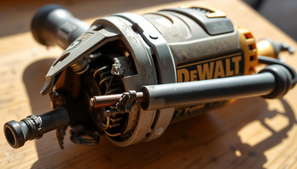 Detailed close-up of a worn DeWalt power tool with various damaged components, including a cracked housing, bent shaft, and worn-out brushes. The tool is placed on a wooden workbench under bright, natural lighting, casting long shadows. The background is slightly blurred, emphasizing the tool's intricate details. The overall scene conveys the need for thorough inspection and potential repair, reflecting the "How to Assess the Damage" section of the article.