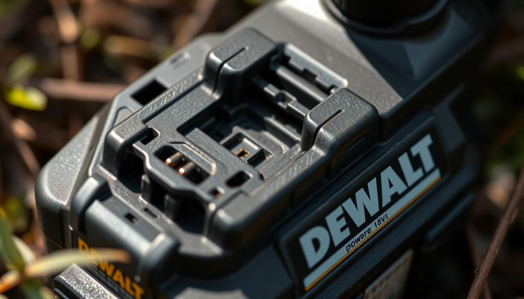 Detailed close-up shot of a DEWALT 18V power tool battery, capturing its key features and design elements. Bright, crisp lighting illuminates the sleek black casing, revealing the intricate circuitry and contacts. Textured gripping surfaces and the distinctive DEWALT logo are prominently displayed. The battery appears to be in a natural, authentic setting, lending a sense of realism. Subtle shadows and reflections add depth and dimension to the image. The overall mood is one of technical precision, quality, and the reliable performance expected from DEWALT power tools.