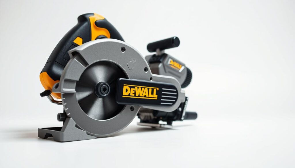 Detailed close-up shot of a Dewalt Quickie Saw, showcased against a clean, minimalist background. The saw is positioned at a slight angle, allowing viewers to clearly see its compact, ergonomic design. Bright, even studio lighting illuminates the various components, highlighting the saw's metal housing, sharp blade, and adjustable features. The overall mood is one of precision, functionality, and professionalism, conveying the saw's utility for maintenance and repair tasks. Carefully composed to emphasize the saw's key elements without distracting details.