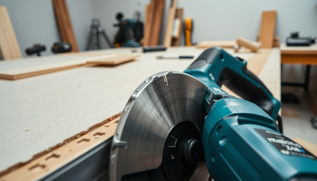 Detailed close-up shot of a Makita drywall cutter in use, meticulously showcasing its precision and cutting capabilities. The foreground features the cutter itself, its brushed steel body and high-quality blade gleaming under soft, even lighting. The middle ground captures the cutter precisely slicing through a section of drywall, leaving a clean, seamless edge. In the background, a workbench with various construction tools and materials sets the scene, conveying the cutter's versatility in the professional drywall installation workflow. The image exudes a sense of efficiency, quality craftsmanship, and the cutter's essential role in achieving flawless drywall finishes.