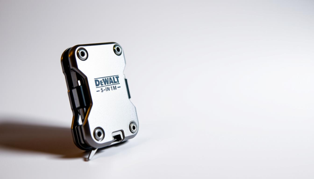 Detailed close-up shot of the Dewalt 5-in-1 multi-tool, showcased against a clean, white background. The tool is prominently displayed, its metallic finish glistening under warm, directional lighting that casts subtle shadows, emphasizing its sleek, compact design. The camera angle highlights the various functions of the tool, inviting the viewer to closely inspect its versatility. The overall mood is one of quality craftsmanship and practical utility, reflecting the product's reputation for durability and performance among users.