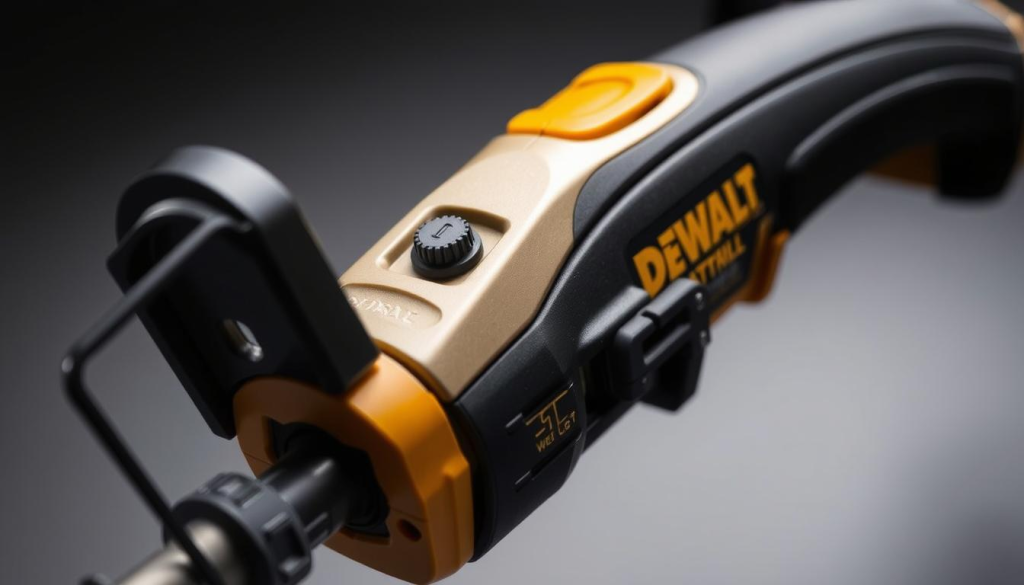Detailed close-up view of a DEWALT electric trimmer, showcasing its safety features. Prominent in the foreground are the guard, trigger switch, and power cord, rendered with a sharp, high-resolution focus. The middle ground displays the trimmer's ergonomic handle design and rubberized grip for secure control. Subtle backlighting illuminates the sturdy construction and sleek, brushed-metal finish, creating a sense of quality and durability. The image is captured at a slightly elevated angle to highlight the trimmer's safety mechanisms, conveying a professional, instructional tone suitable for an informative article about this power tool.