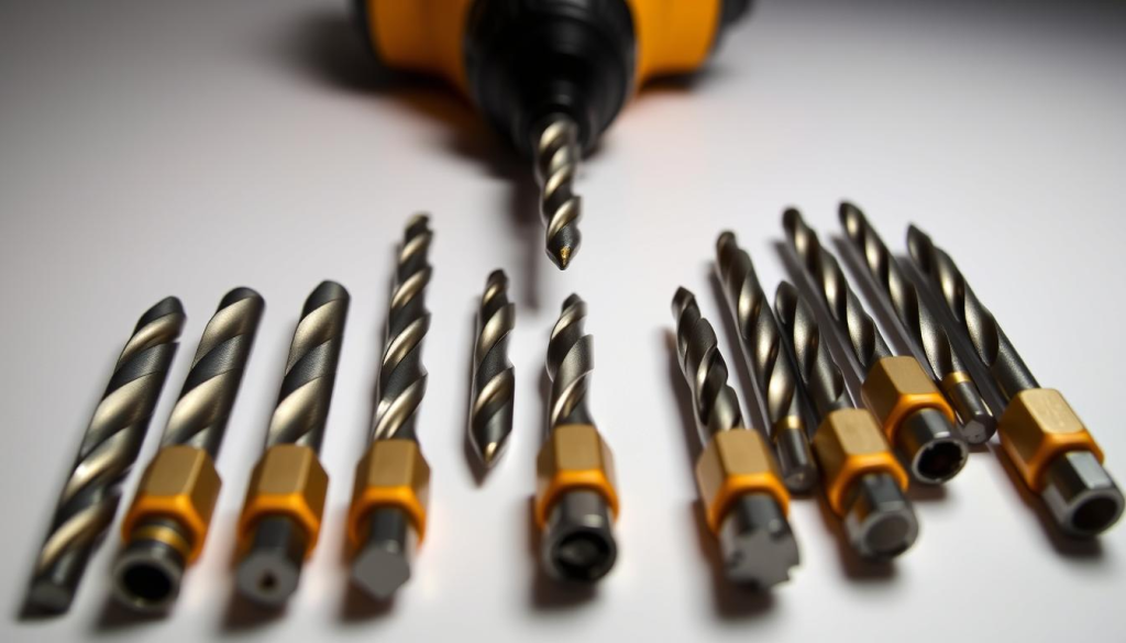 Detailed close-up view of a Dewalt 012A drill bit set, showcasing an assortment of various sizes and types of bits. Positioned on a clean, white background, the drill bits are illuminated with soft, even lighting to highlight their metallic surfaces and intricate designs. The bits are arranged in a visually appealing layout, emphasizing their precision and the range of options available for different drilling needs. The image conveys a sense of professionalism, quality, and the reliable power of Dewalt tools.