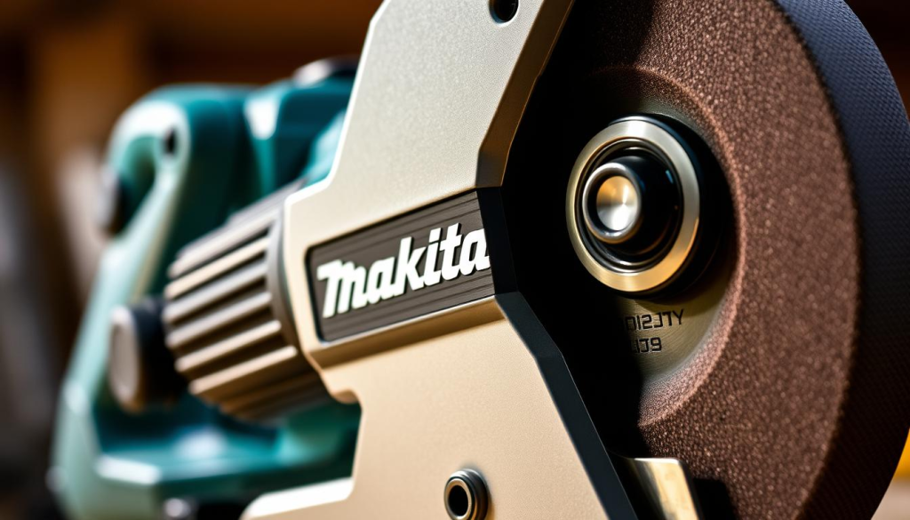 Detailed close-up view of a Makita belt sander, showcasing its key features. Centered in the frame, the sander's sleek and sturdy design is prominently displayed, with emphasis on its variable speed control, dust collection system, and ergonomic grip. The lighting is soft and directional, highlighting the tool's metallic accents and textured surfaces. The background is slightly blurred, placing the focus entirely on the sander's impressive engineering and functionality. The overall mood is one of precision, power, and professional-grade quality, conveying the reliability and performance that the Makita brand is known for.
