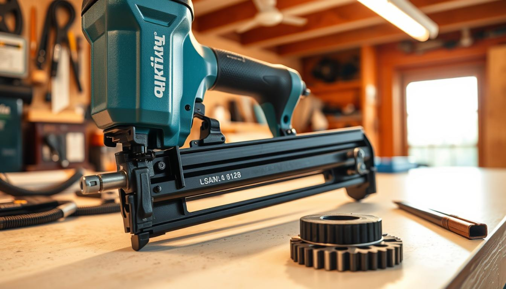 Detailed close-up view of a Makita roofing nailer undergoing thorough maintenance. The tool is situated on a clean workbench, illuminated by warm overhead lighting that casts soft shadows. The nailer's components are meticulously arranged, allowing for easy inspection and servicing. The scene conveys a sense of precision, care, and dedication to preserving the tool's reliable performance. The image emphasizes the importance of proper maintenance in ensuring the longevity and dependability of this essential roofing equipment.