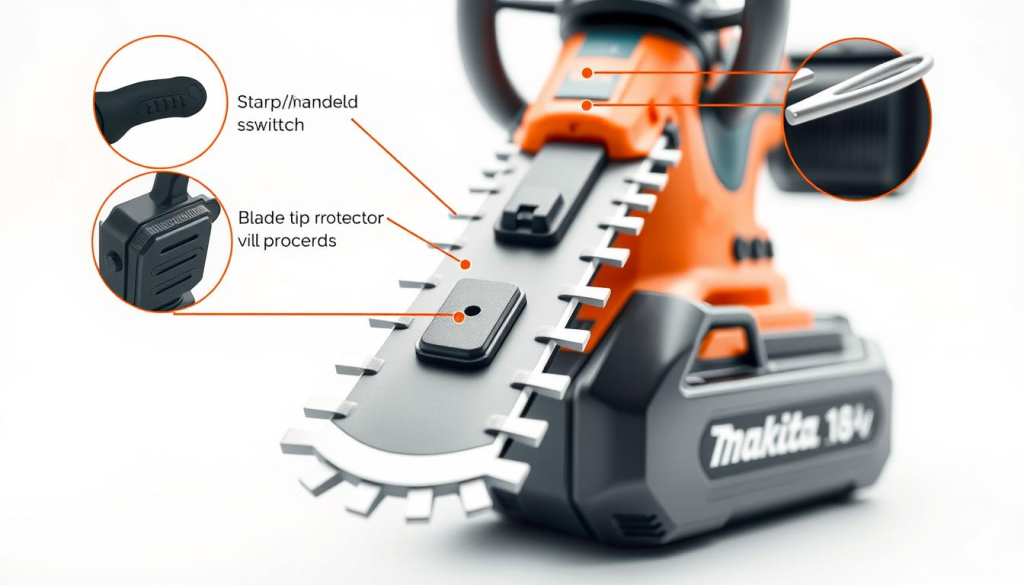 Detailed close-up view of a cordless electric hedge trimmer, showcasing its key safety features. The trimmer is positioned in the center, with a sharp, well-maintained blade visible. The foreground highlights safety mechanisms like a two-handed trigger switch, a hand guard, and blade tip protectors. The middle ground shows the ergonomic handle design and a large battery pack, emphasizing the cordless, portable nature of the tool. The background is a bright, evenly lit studio setting, creating a clean, professional atmosphere. Crisp, high-resolution rendering with natural lighting and depth of field, capturing the premium quality and safety-focused engineering of the Makita 18V hedge trimmer.