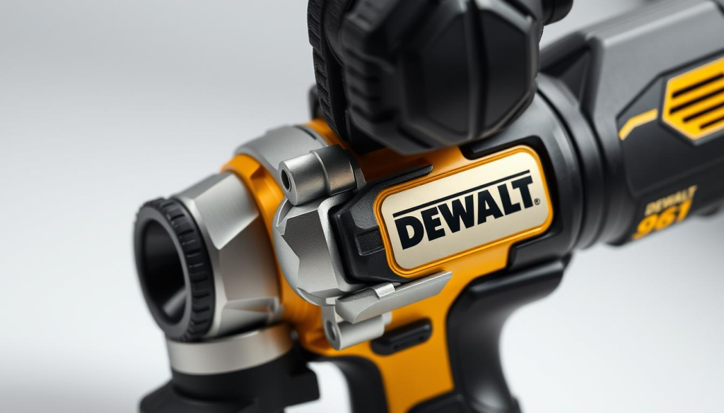 Detailed close-up view of the DEWALT 961 power tool, showcased in a well-lit, studio-like setting. Capture the tool's sleek, modern design with emphasis on key features such as the brushless motor, ergonomic grip, and sturdy aluminum construction. Highlight the intricate details, clean lines, and precise engineering that define the 961's premium quality. Convey a sense of professional, high-end craftsmanship through careful lighting and angles that accentuate the tool's robust and reliable nature. Present the DEWALT 961 in a manner that inspires confidence in its capabilities and appeals to the discerning power tool enthusiast.